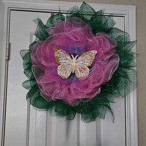 Handcrafted Pink and Green Mesh Wreath with Butterfly